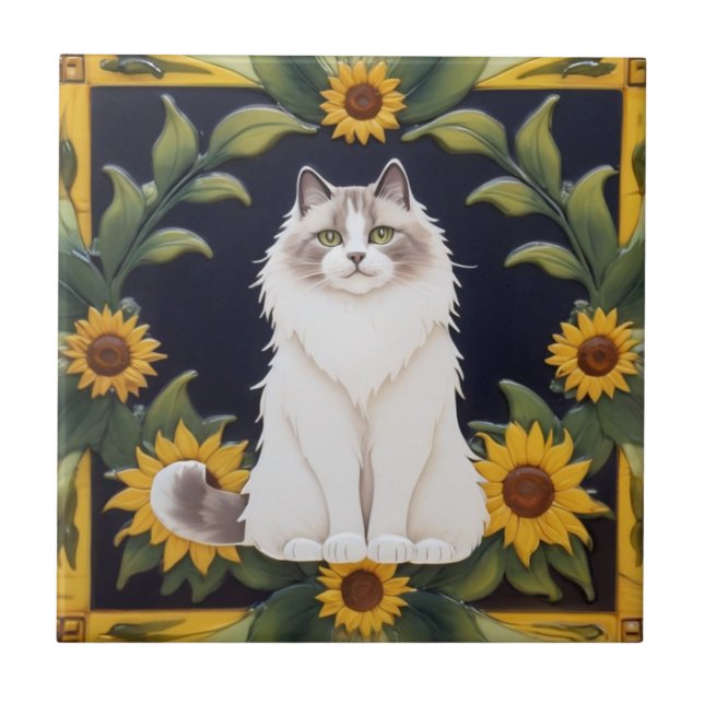 Azulejo Sunflower Cats - Ragdoll Cat & Yellow Sunflowers (Frente)