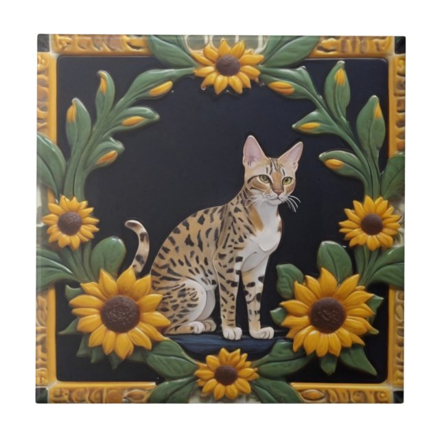 Azulejo Sunflower Cats - Savannah Cat & Yellow Sunflowers (Frente)
