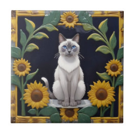 Azulejo Sunflower Cats - Siamese Cat & Yellow Sunflowers