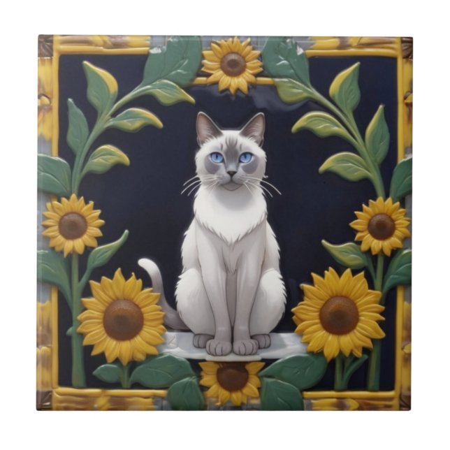 Azulejo Sunflower Cats - Siamese Cat & Yellow Sunflowers (Frente)