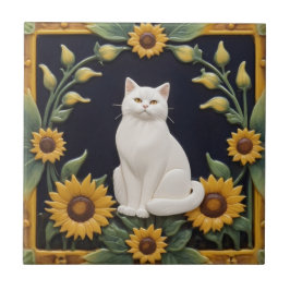 Azulejo Sunflower Cats - White Cat & Yellow Sunflowers