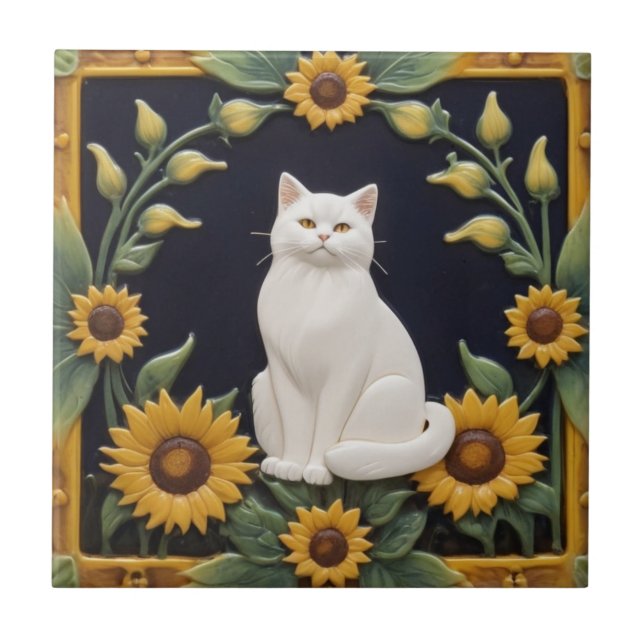 Azulejo Sunflower Cats - White Cat & Yellow Sunflowers (Frente)