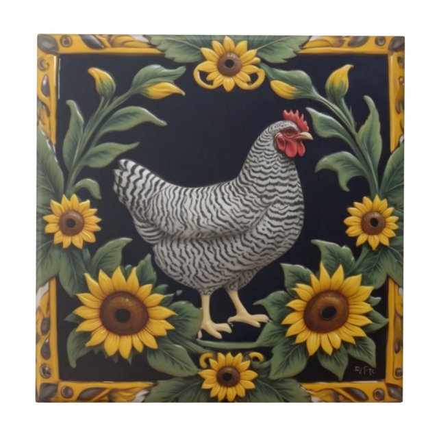 Azulejo Sunflower Chicken - Grey Hen & Sunflowers (Frente)