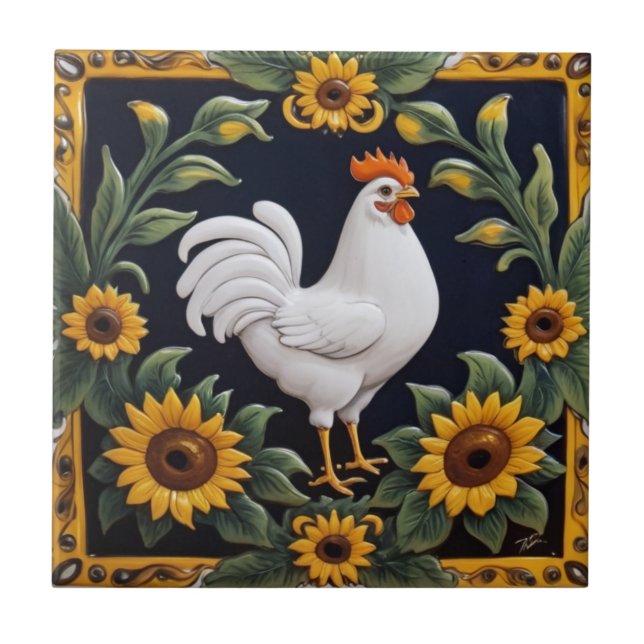Azulejo Sunflower Chicken - White Hen & Yellow Sunflowers (Frente)