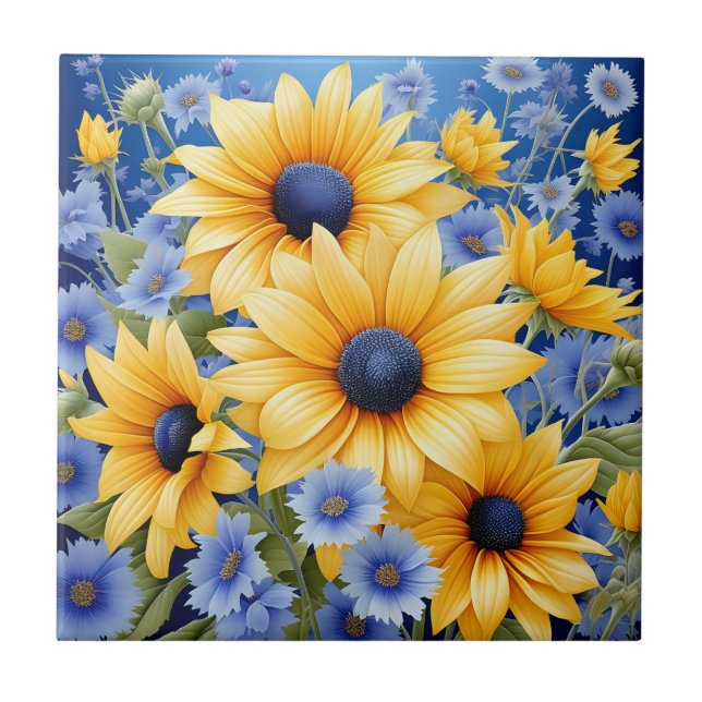 Azulejo Sunflower Elegante Con Flores Silvestres Azules Su (Frente)