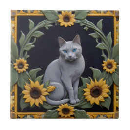 Azulejo Sunflower Grey Cats - Gray Cat & Yellow Sunflowers