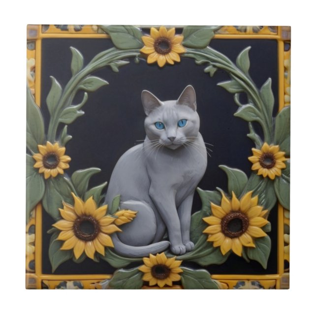 Azulejo Sunflower Grey Cats - Gray Cat & Yellow Sunflowers (Frente)