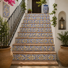 Azulejo Sunlit Harmony Elegant Blue and Gold Floral Mosaic