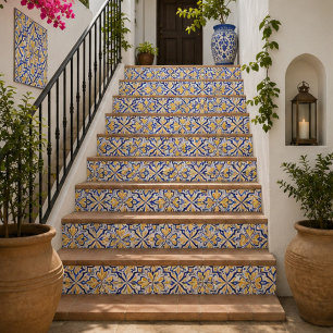 Azulejo Sunlit Harmony Elegant Blue and Gold Floral Mosaic