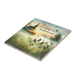 Azulejo Sunrise Church with Birds in Misty Meadow