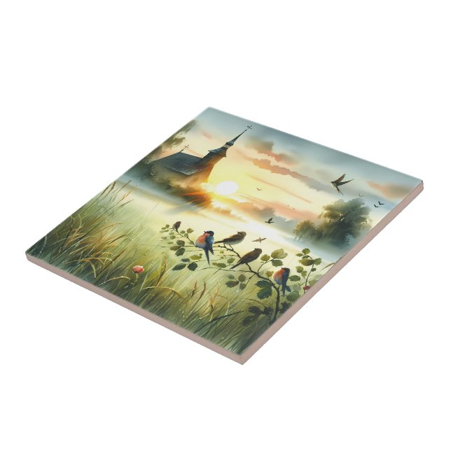Azulejo Sunrise Church with Birds in Misty Meadow No Verse (Lado)