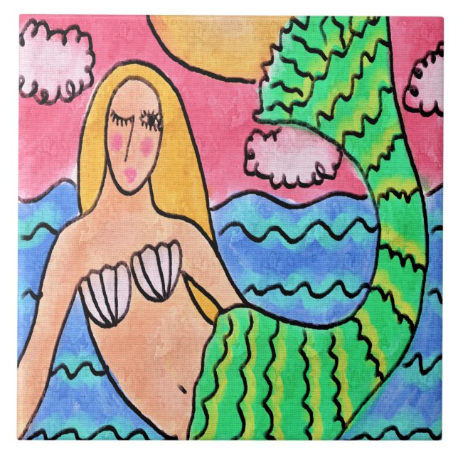 Azulejo Sunrise Mermaid Resumen Pintura Digital (Frente)