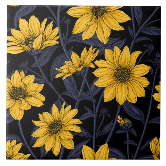Azulejo Sunroot, girasol salvaje en amarillo y azul (Frente)