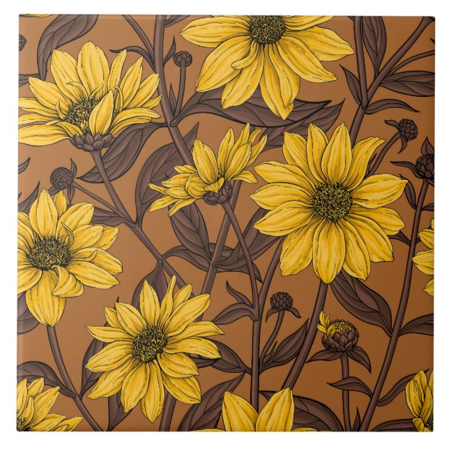 Azulejo Sunroot, girasol salvaje en amarillo y marrón (Frente)