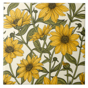 Azulejo Sunroot, girasol salvaje en blanco roto
