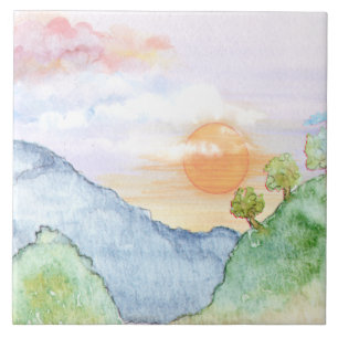 Azulejo Sunset acuarela sobre montañas y árboles