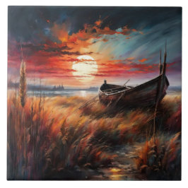Azulejo Sunset boat art serene landscape by the sea