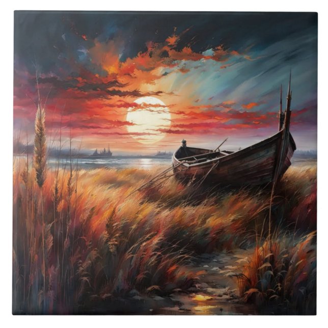 Azulejo Sunset boat art serene landscape by the sea (Frente)