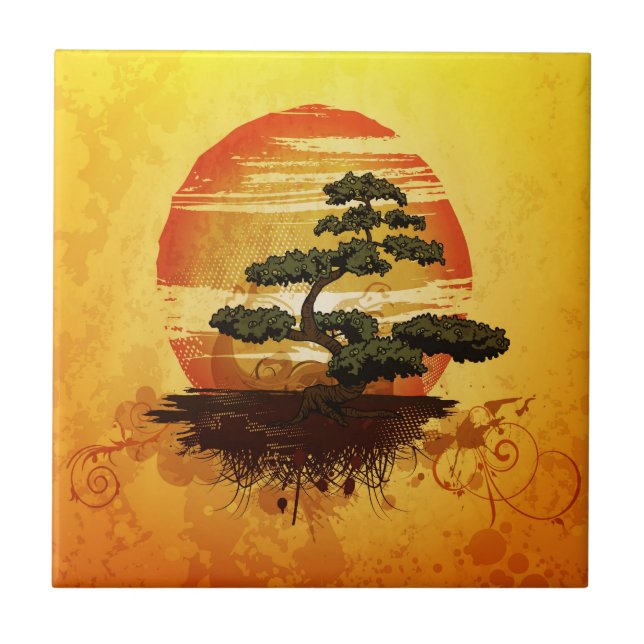 Azulejo Sunset de bonsai Tree japonés (Frente)