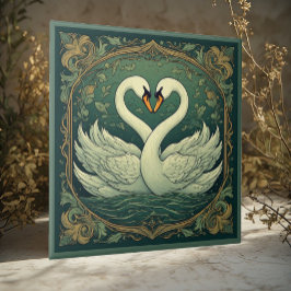 Azulejo Swan Couple Art Nouveau Forest Green Wall Accent
