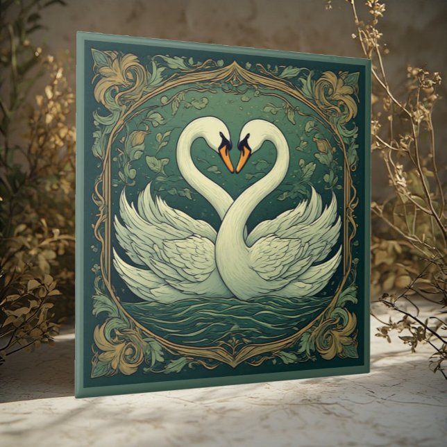 Azulejo Swan Couple Art Nouveau Forest Green Wall Accent (Swan Couple Art Nouveau Forest Green Wall Accent Ceramic Tile)