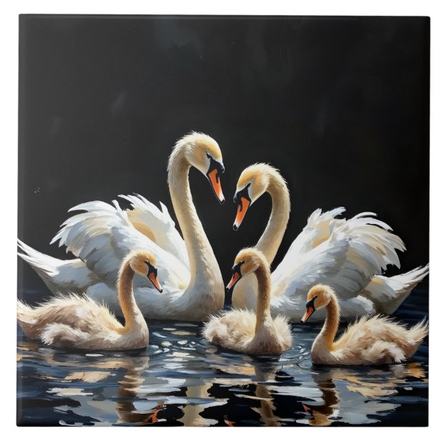 Azulejo Swan Family on Black Lake Artwork (Frente)