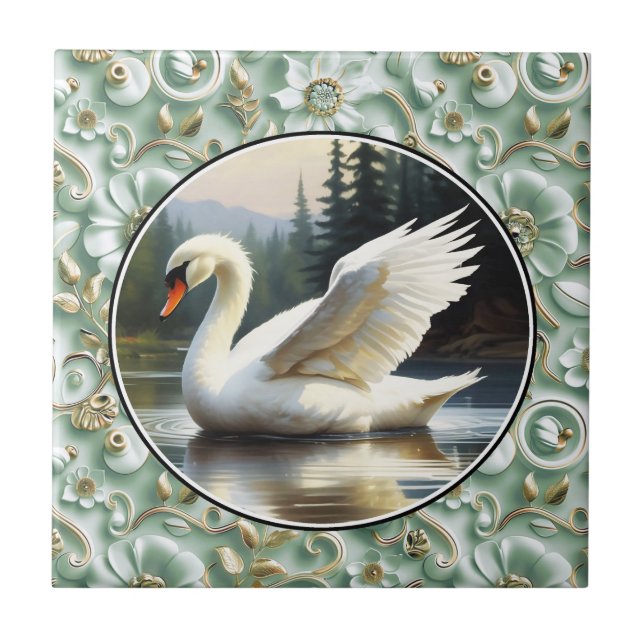 Azulejo Swan Glides Gracefully on Lake (Frente)