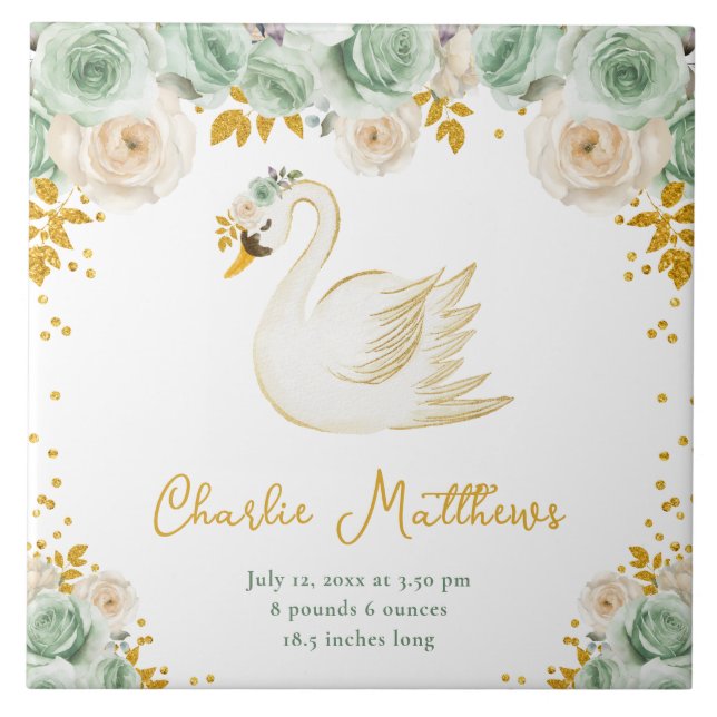Azulejo Swan Sage Green y Gold Rosas Estadísticas de nacim (Frente)