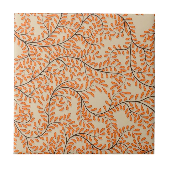 Azulejo Swirling Orange Leaves on Beige Background (Frente)