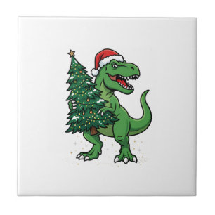 Azulejo T-Rex de Navidad llevando árbol de Navidad