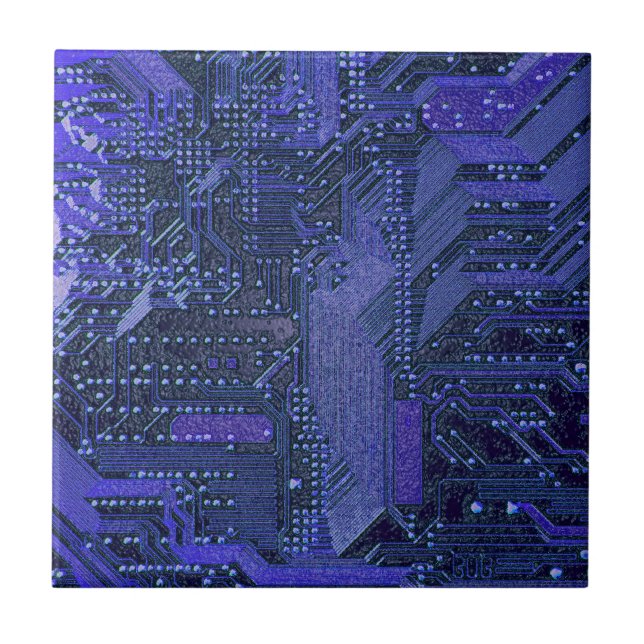 Azulejo Tablero de Circuito Cibernético Azul Arte Electrón (Frente)