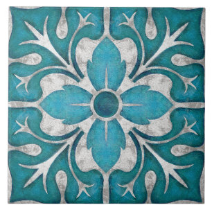 Azulejo Talavera 01 Azul Teal Gris Floral Mediterráneo