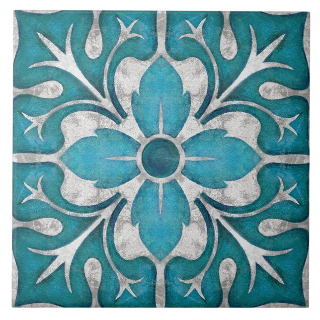 Azulejo Talavera 01 Teal Blue Grey Mediterranean Floral (Frente)