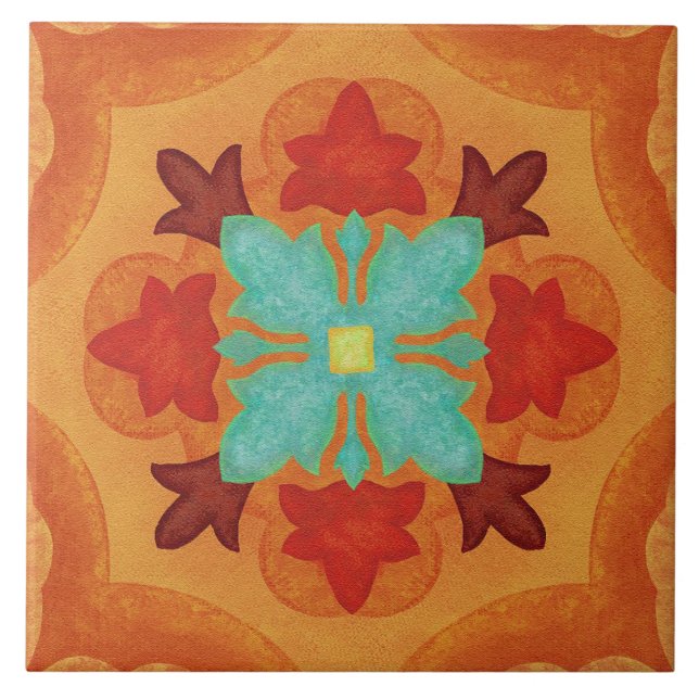 Azulejo Talavera 02 Orange Red Blue Mediterranean Floral (Frente)