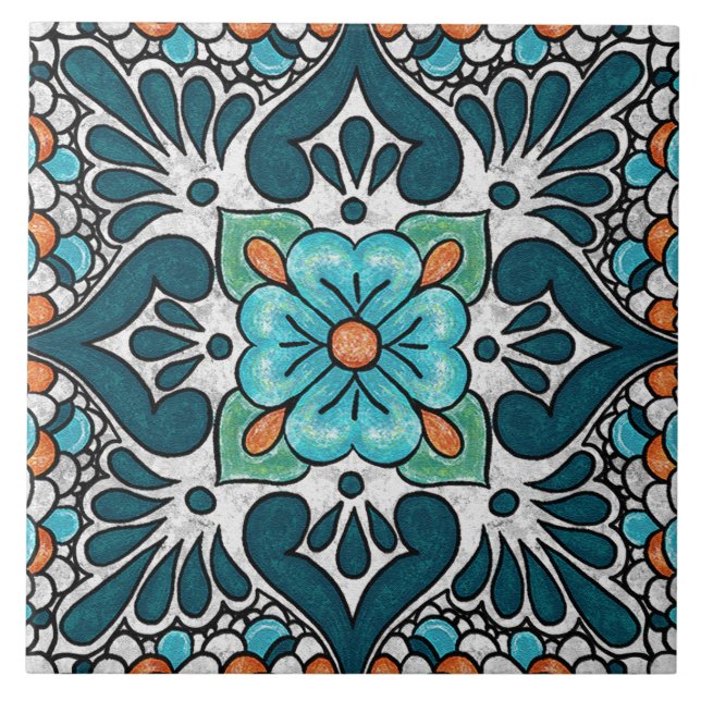 Azulejo Talavera 06 Teal Blue Green Mediterranean Floral (Frente)
