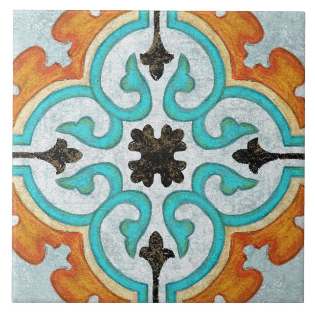 Azulejo Talavera 09 Orange Grey Aqua Mediterranean Geo (Frente)