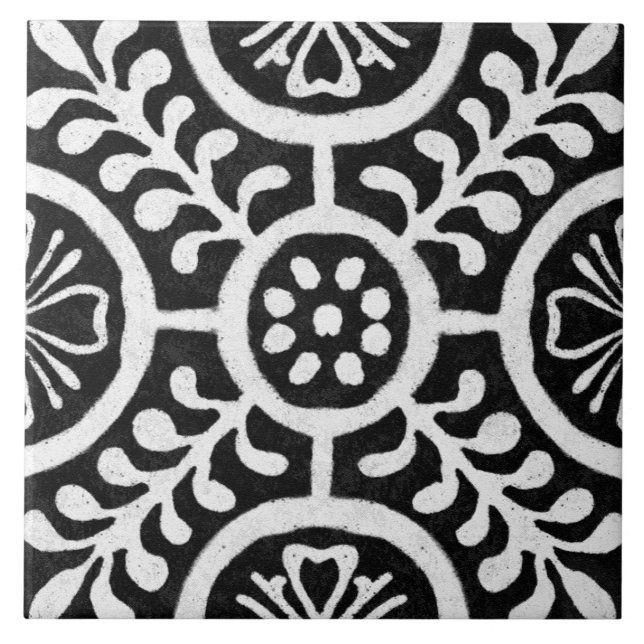 Azulejo Talavera 11 Black White Grey Mediterranean Floral (Frente)