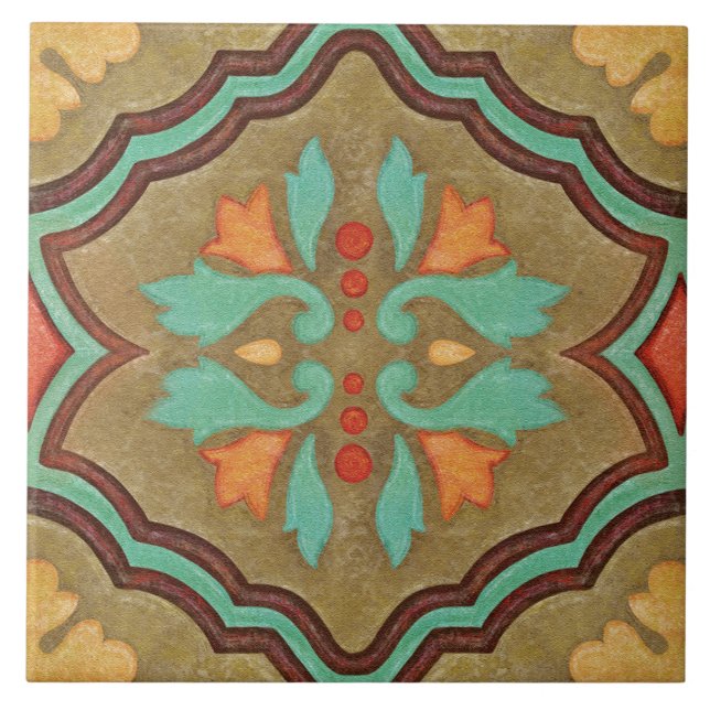 Azulejo Talavera 13 Olive Green Aqua Mediterranean Floral (Frente)