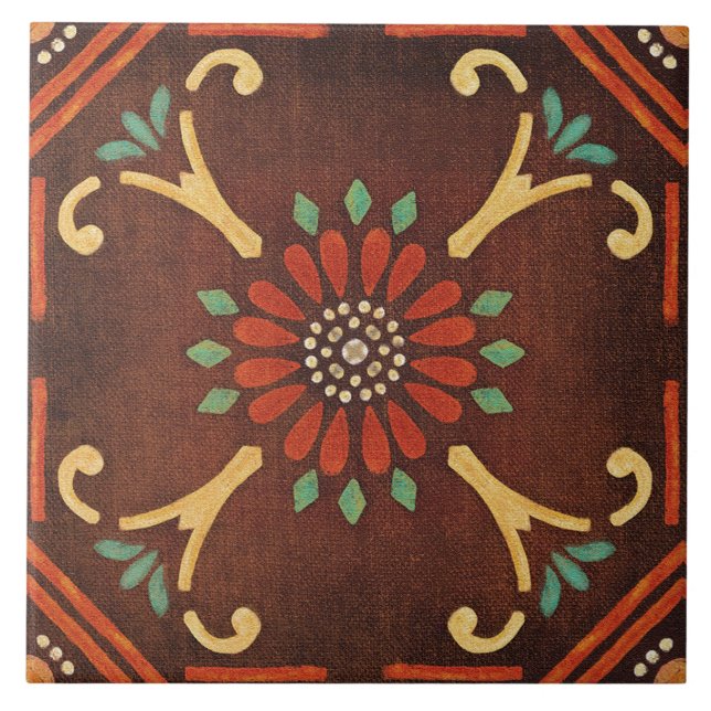 Azulejo Talavera 14 Brown Red Aqua Mediterranean Floral (Frente)