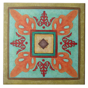 Azulejo Talavera 15 Oliva Aqua Naranja Floral Mediterráneo
