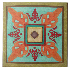 Azulejo Talavera 15 Olive Aqua Orange Mediterranean Floral