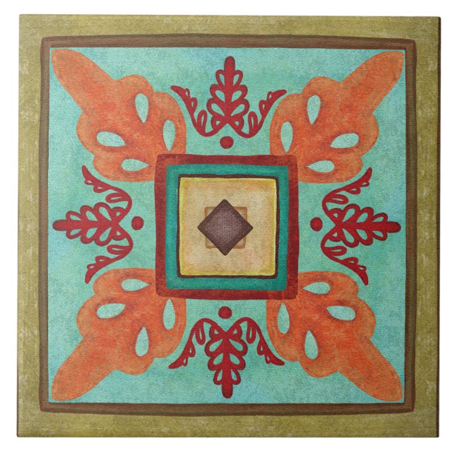 Azulejo Talavera 15 Olive Aqua Orange Mediterranean Floral (Frente)