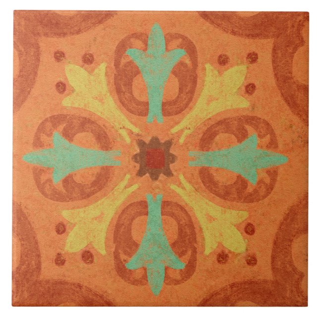 Azulejo Talavera 16 Orange Rust Aqua Mediterranean Geo (Frente)
