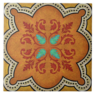 Azulejo Talavera 17 Naranja Rojo Aqua Mediterráneo Floral