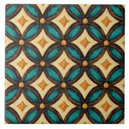 Azulejo Talavera 18 Teal Brown Ivory Mediterranean Lattice