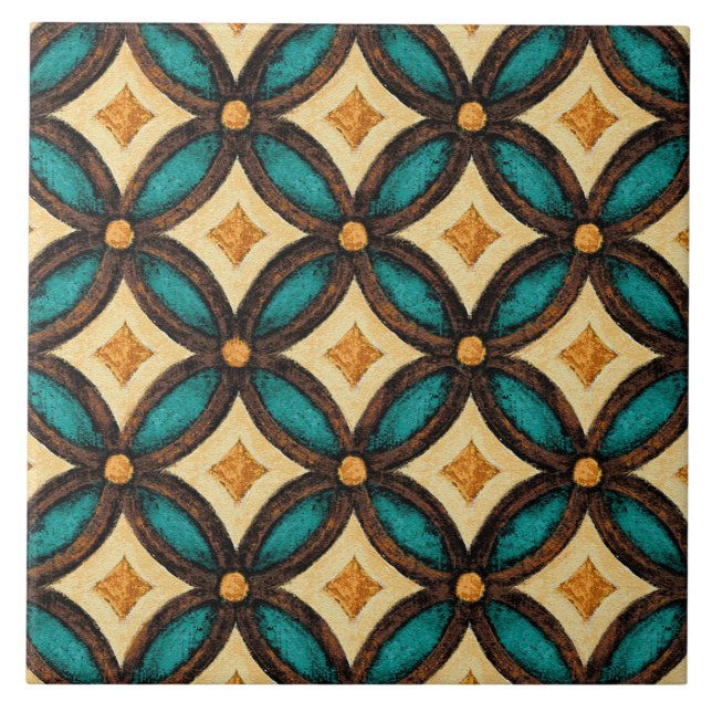 Azulejo Talavera 18 Teal Brown Ivory Mediterranean Lattice (Frente)