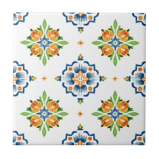 Azulejo Talavera Azul Naranja Verde Mexicano España sin co (Frente)