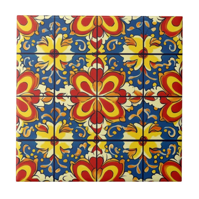 Azulejo Talavera azul transparente rojo amarillo mexicano  (Frente)