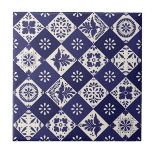 Azulejo Talavera de Flores y Pájaros Beige Índigo Oscuro M