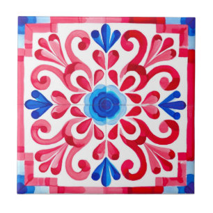 Azulejo Talavera Floral Tradicional Mexicana Rojo y Azul